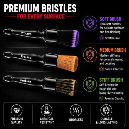 6PCS Car Detailing Brush Set - 2 Boar Hair Brushes, 2 Ultra Soft No-Scratch Brushes & 2 Medium Detail Brushes for Car Interior & Exterior Cleaning | ProLura Car Detailing kit