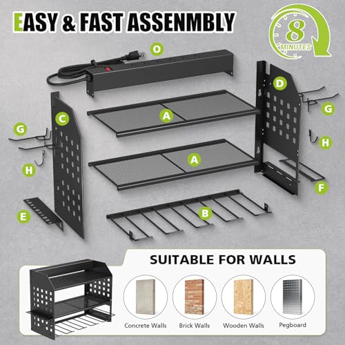 SUNALLY Power Tool Organizer Wall Mount with Charging Station,3 Layer Heavy Duty Metal Tool Storage Rack with 4 Drill Holders, Power Tool Shelf for Garage, Warehouse, Workshop, Gifts for Men, Husband - style: 4 Drill Holders E