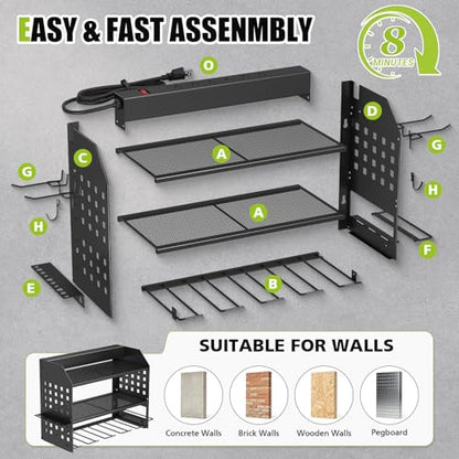 SUNALLY Power Tool Organizer Wall Mount with Charging Station,3 Layer Heavy Duty Metal Tool Storage Rack with 4 Drill Holders, Power Tool Shelf for Garage, Warehouse, Workshop, Gifts for Men, Husband - style: 4 Drill Holders E