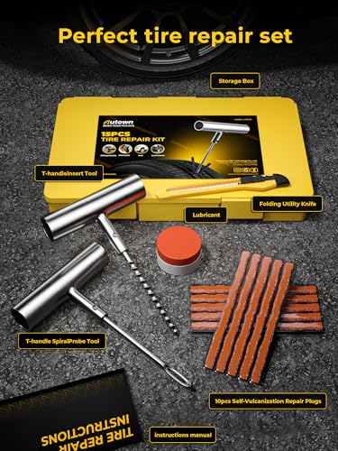 AUTOWN Flat Tire Repair Kit 15pcs, Heavy Duty Tire Plug Kit to Fix Puncture | Tire Patch Kit with Portable Storage Case, Emergency Tool for Car, Motorcycle, ATV, UTV, RV, Trailer, Tractor, Jeep, and More