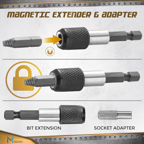 Screw Extractor Set for Stripped, Broken, Damaged Screws - 22 pc, Silver - Remover Kit w/Drill Bits, Extractors, Bit Extension & Socket Adapter - color: Silver