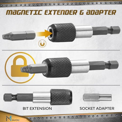 Screw Extractor Set for Stripped, Broken, Damaged Screws - 22 pc, Silver - Remover Kit w/Drill Bits, Extractors, Bit Extension & Socket Adapter - color: Silver