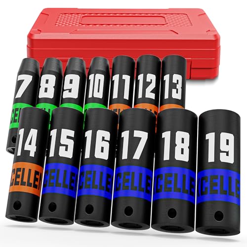 13 Pieces 3/8-Inch Drive Impact Socket Set, 7-19mm Deep Socket, 6 Point Metric Sockets for Automotive Repair, Equipment Maintenance - size: 3/8 Inch Metric Deep