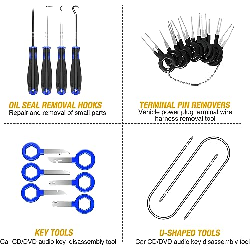GOOACC 40Pcs Trim Removal Tool,Auto Terminal Removal Key Tool,Auto Clip Pliers Stereo Removal Tools,Car Upholstery Repair Removal Kit,Precision Hook and Pick Set,Wiring Threader,Car Film Scrape-Blue - color: Blue
