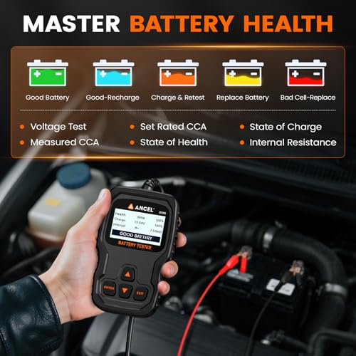 ANCEL BT310 12V 24V Car Battery Tester, Lead-Acid & Lithium Battery Load Tester for 100-2000 CCA, Test Automotive Battery Health, Cranking & Charging System for Car Truck Motorcycle RV ATV Boat & More