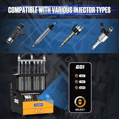 AUTOOL Fuel Injector Cleaner and Tester Machine, Ultrasonic Fuel Injection Cleaner 6 Cylinder for GDI, EFI, FSI, 12V/70V/120V, Color Display, 67.63oz Cleaning Tank, 3 Cleaning Functions 12 Test Modes