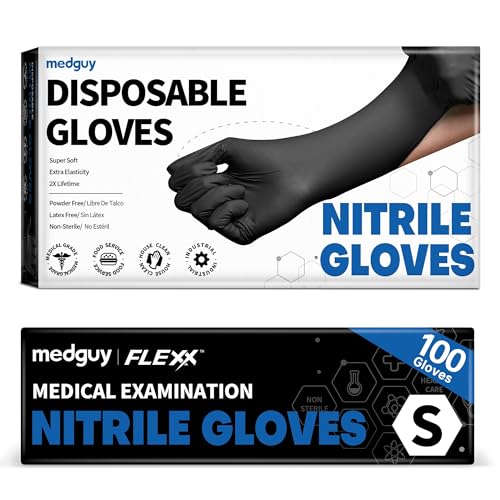 Medguy Nitrile Disposable Gloves, 4 Mil Black Powder-Free Latex-Free Food-Safe Glove for Medical Exam Tattoo Food Prep 100 Ct - color: Small (Black)