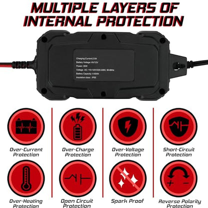 Banshee 12V/6V 2A Automatic Trickle Battery Charger Maintainer for Normal Lead Acid, Sealed, Leisure, AGM, Gel, Deep-Cycle or 12V-Lithium (LiFePO4) Batteries, with IP65 Waterproof