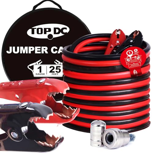 TOPDC 1 Gauge 25 Feet Heavy Duty Jumper Cables for Car, SUV, Truck | Heavy duty 1 Gauge jumper cables span 25 Feet for cars, SUVs and trucks, with a carry bag for storage. - size: 1 Gauge, (25FT)