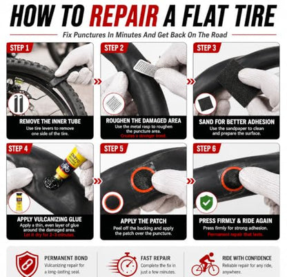 Bike Tire Repair Kit 80 PCS, Flat Tire Repair Kit with 54 Patches, 4 Vulcanizing Glue Tubes, Tire Levers & Valve Core Tools for Bikes, E-Bikes, Scooters & Inner Tube Repairs