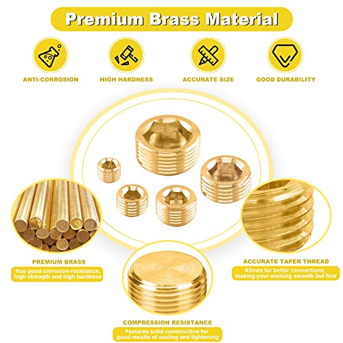 16Pcs 5 Sizes Brass NPT Plug Assortment Kit, 1/8" 1/4" 3/8" 1/2" 3/4" Internal Hex Counter Sunk Pipe Fitting Male Thread Pipe Plug Set