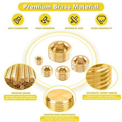 16Pcs 5 Sizes Brass NPT Plug Assortment Kit, 1/8" 1/4" 3/8" 1/2" 3/4" Internal Hex Counter Sunk Pipe Fitting Male Thread Pipe Plug Set