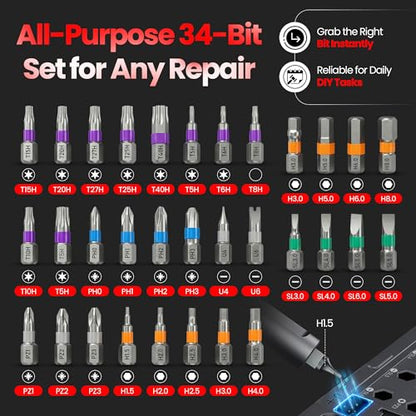 34 in 1 Magnetic Screwdriver Set, Magnetic Ratchet Screwdriver Set with Multi-Bit Ratcheting Handle & Bit Magnetizer, Compact Repair Tool Kit with Storage Case for Furniture, Computer, Bicycle and DIY - size: 34 in 1