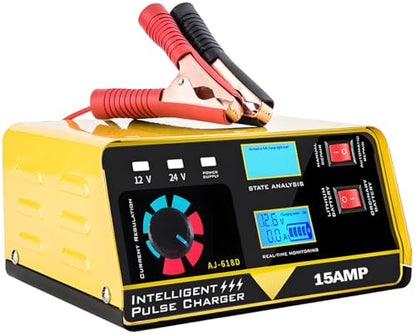 12V 24V Car Battery Charger, 15A Lead-Acid Lithium Battery Charger, Smart Trickle Charger Maintainer, Deep Cycle Battery Repair Charger Automotive Desulfator for Car Motorcycle Truck Boat Lawn Mower - color: 2) - 12V/24V 15Amp (Yellow)