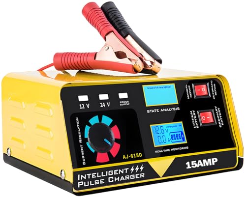 12V 24V Car Battery Charger, 15A Lead-Acid Lithium Battery Charger, Smart Trickle Charger Maintainer, Deep Cycle Battery Repair Charger Automotive Desulfator for Car Motorcycle Truck Boat Lawn Mower - color: 2) - 12V/24V 15Amp (Yellow)