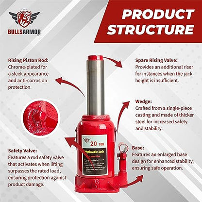 BullsArmor Hydraulic Bottle Jack - 20 Ton (40,000 lb) Capacity - Welded Heavy-Duty Design with Extended Pump Handle - Ideal for Cars, Trucks, RVs, and Industrial Use - Red - size: 20 Ton
