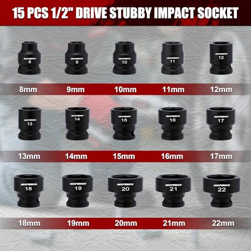 MIXPOWER 15-Piece 3/8" Drive Stubby Impact Socket,CR-MO,8-22mm,6-Point,Metric,Radius Corner Design, Axle Nut Impact Grade Socket for Easy Removal - size: 3/8" Drive / Metric Set