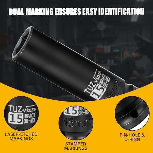 1/2 Inch Drive 15mm Deep Metric 6 Point CR-MO Impact Socket | Radius Corner Design,Square Chamfered Opening,Axle Nut Impact Grade Socket for Easy Removal - size: 1/2” Drive 15mm Deep, style: 1/2" Drive Deep Socket