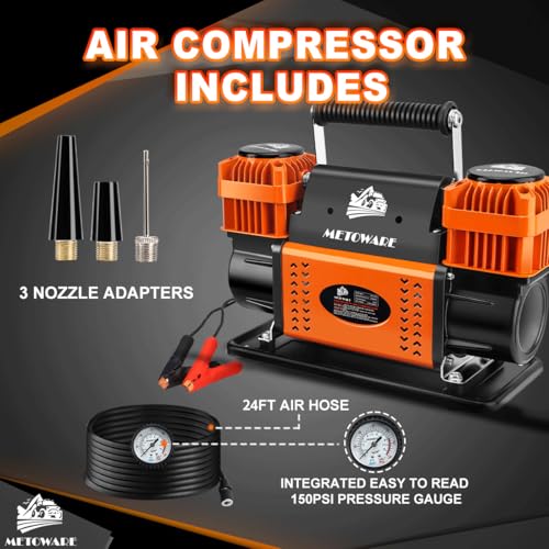 METOWARE Offroad Air Compressor, 12 V Portable Air Pump with 10.6 CFM, Dual Cylinder Tire Inflator for Car Heavy Duty, Max 150PSI for 4 × 4 SUV Vehicle RV ATV Truck