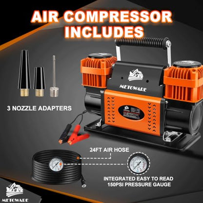 METOWARE Offroad Air Compressor, 12 V Portable Air Pump with 10.6 CFM, Dual Cylinder Tire Inflator for Car Heavy Duty, Max 150PSI for 4 × 4 SUV Vehicle RV ATV Truck