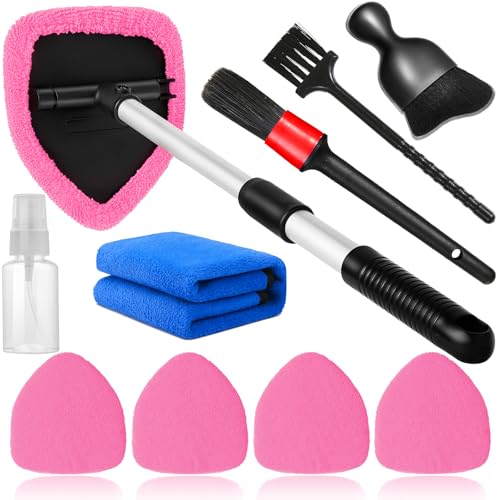 Qydipclin 10pcs Windshield Cleaning Tool Inside Car Window Cleaner Wash Kit with 4 Reusable Microfiber Pads 1 Spray Bottle and Extendable Handle Interior Auto Glass Wiper Kit, Pink - color: Pink