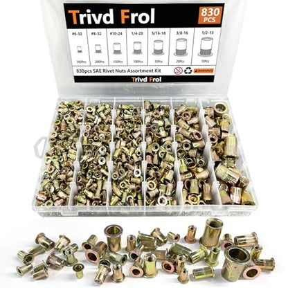 Trivd Frol Rivet Nut Tool Kit, 830pcs SAE/Metric Rivet Nut Assortment Kit #6-32, #8-32, #10-24, 1/4-20, 5/16-18, 3/8-16, 1/2-13, w Galvanized Carbon Steel Flat Head Threaded Insert Nuts (SAE - 830pcs) - size: SAE - 830 pcs