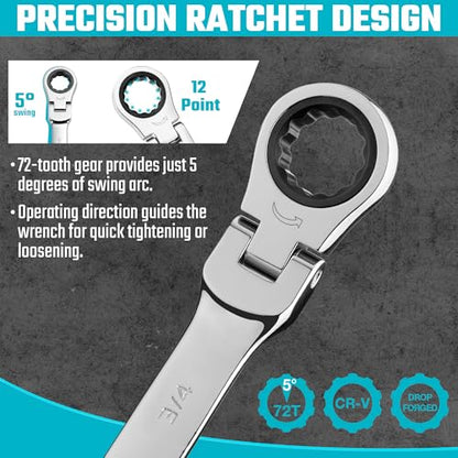 DURATECH Flex Head Ratcheting Wrench Set, Combination Wrench Set, 22-piece, Metric & SAE, 1/4" to 3/4" & 6-18mm, CR-V Steel, Mirror Polished, with Pouch - style: Flex-head