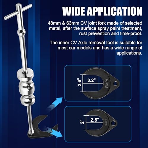 Clatoon Inner CV Axle Puller Tool with 5/8"-18 Slide Hammer | Axle Removal Tool with 63mm 48mm CV Joint Fork Adapter, Puller Set for Front Wheel Drive Bearing Joint Extraction