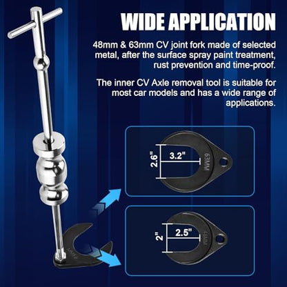 Clatoon Inner CV Axle Puller Tool with 5/8"-18 Slide Hammer | Axle Removal Tool with 63mm 48mm CV Joint Fork Adapter, Puller Set for Front Wheel Drive Bearing Joint Extraction