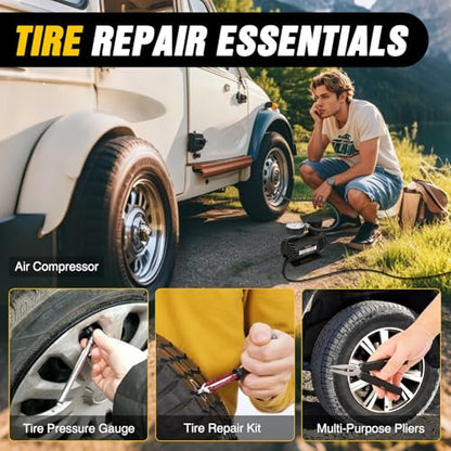 Nilight Car Emergency Kit with Jumper Cable, First Aid Kit Safety Assistance Tools for Travel Camping Outdoor Cars Truck SUV RV, Roadside Essentials with Flash Light - color: Essential Kit+Air Compressor+Tire Fuse kit