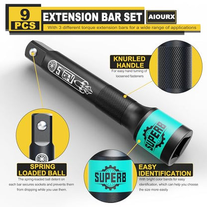 9 Pcs Impact Extension Bar Set, 1/4" 3/8" 1/2" Drive Socket Extension, CR-V Steel, Narrow and Deep Areas in Bicycle, Automotive Repair or Industrial Operations - size: 1/4" 3/8" 1/2" Long Set