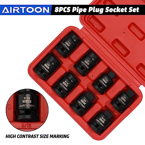 1/2" Drive Pipe Plug Socket Set, 8-Piece, SAE, CR-MO, 7/16" - 5/8", Tapered Male Square Drive, Chamfered Female Square Drive - size: 1/2" Drive