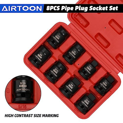 1/2" Drive Pipe Plug Socket Set, 8-Piece, SAE, CR-MO, 7/16" - 5/8", Tapered Male Square Drive, Chamfered Female Square Drive - size: 1/2" Drive
