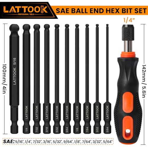 Ball End Hex Head Allen Wrench Drill Bit Set with Quick Release Bit Driver, LATTOOK 10PCS SAE Ball End Hex Bit Set Allen Key, Magnetic S2 Steel, 4'' Long - style: 10PCS Ball Hex Bits+Bit Driver