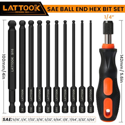 Ball End Hex Head Allen Wrench Drill Bit Set with Quick Release Bit Driver, LATTOOK 10PCS SAE Ball End Hex Bit Set Allen Key, Magnetic S2 Steel, 4'' Long - style: 10PCS Ball Hex Bits+Bit Driver
