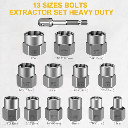 Bolt Extractor Set Heavy Duty, 14Pcs Impact Nut & Bolt Remover Kit with 3/8" Adapter, Stripped Lug Nut Extractor Tool for Rusted, Rounded, Damaged Nuts & Screws - size: 14PCS