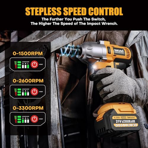 Takuoo Cordless 1/2 inch Brushless Impact Wrench, Max Torque (1200N.m) 900Ft-lbs Electric Impact Gun w/2x 4000mAh Battery, Charger & 6 Sockets, Power Impact Driver for Car Home