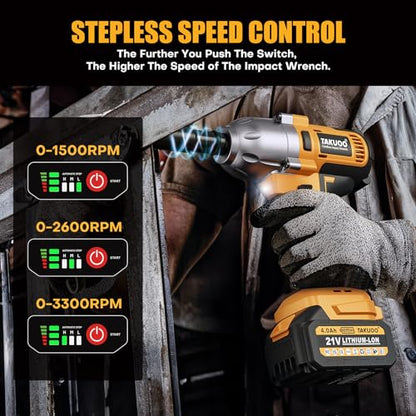 Takuoo Cordless 1/2 inch Brushless Impact Wrench, Max Torque (1200N.m) 900Ft-lbs Electric Impact Gun w/2x 4000mAh Battery, Charger & 6 Sockets, Power Impact Driver for Car Home