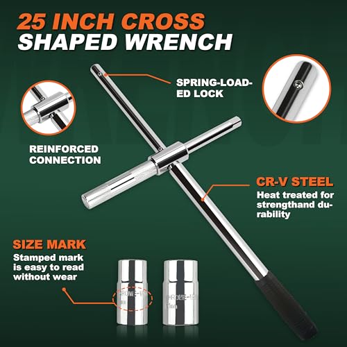 25'' Heavy Duty Extended Lug Wrench with Blow Storage Case, 4 Way Tire Iron Nut Wrench Set, Lug Nut Remover 1/2 Drive with Standard Sockets (17mm, 19mm and 21mm,23mm), Labor Saving Cross Wrench