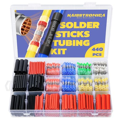 haisstronica 440PCS Solder Seal Wire Connectors with Heat Shrink Tubing Kit - Solder Sticks Wire Terminals Waterproof Electrical Connectors and 3:1 Shrinking Tube for Marine,Automotive,Wiring Projects - size: 440 PCS