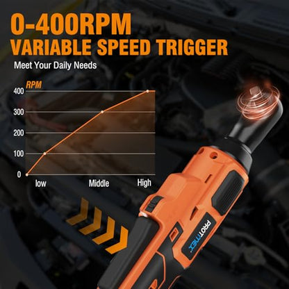 Protmex 3/8" Electric Cordless Ratchet Wrench Set (Brushless) | 74 FT-LBS (100 N.m), 400 RPM Variable Speed, LED Light, 21V with 2 x 2.0Ah Batteries, 1/4 Adaptor, 3" Extension Bar