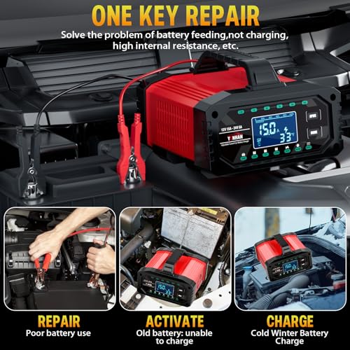 YONHAN Battery Charger 0-15A 12V/24V Adjustable Current | LiFePO4 Car Battery Charger, Battery Maintainer Automatic Trickle Charger, Battery Desulfator w/Temp Compensation