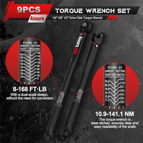 Torque Wrench Set 9PCS, 1/4" 3/8" 1/2" Drive Click Torque Wrench, 72 Tooth Dual-Direction Adjustable, Dual Scale, ±3% Accuracy, for Bicycle, Motorcycle, Automotive Repair and Maintenance
