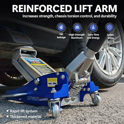 1.5T Low Profile Racing Jack, 3000 lb, Dual Pump, Aluminum and Steel, Blue | Lightweight aluminum/steel, dual-pump quick lift, 3.5"-14" range, side handle, safety overload. - size: 1.5T Aluminum & Steel Blue