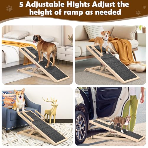 Dog Ramp for Couch, Bed or Car, Wooden 44" Long Pet Stairs for Small & Large Old Dogs & Cats, Hold up to 200lb, 5 Adjustable Height from 14.96" to 22", Portable Doggie Steps, Excellent Traction - size: 44"L*15.74"W*14.96"~22.04"H