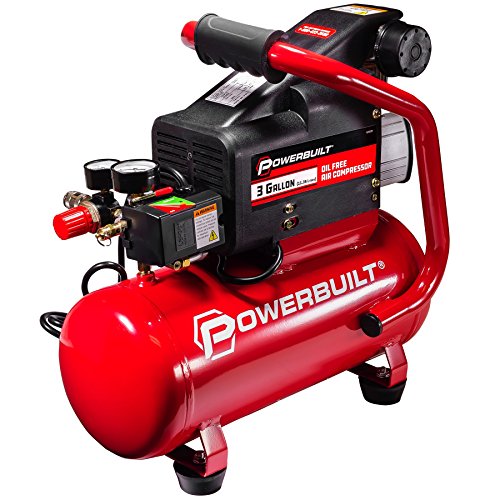 Powerbuilt 3 Gallon Air Compressor – 125 PSI, Oil-Free, Quiet Hot Dog Style – Includes 25 Ft. Air Hose & 10-Piece Accessory Kit – 240039