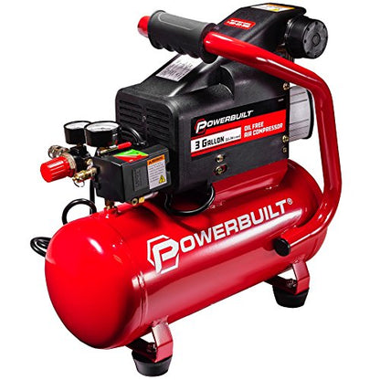 Powerbuilt 3 Gallon Air Compressor – 125 PSI, Oil-Free, Quiet Hot Dog Style – Includes 25 Ft. Air Hose & 10-Piece Accessory Kit – 240039