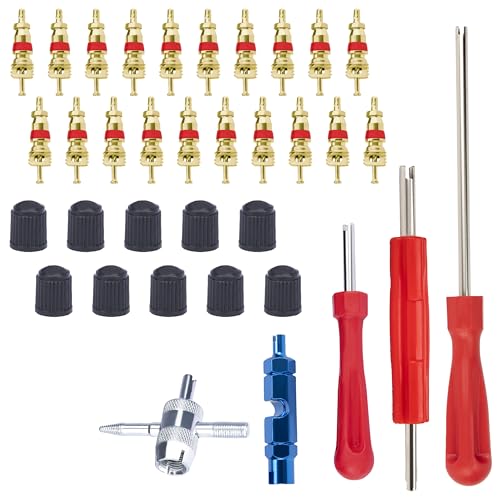 ecocstm 4 PCS Valve Stem Removal Tool, Valve Stem Tool with 20 PCS Valve Cores, 10 PCS Tire Valve Caps, 1 PC 4-Way Valve Tool, Car Accessories Universal Tire Valve Stem Tool for All Cars (35 PCS) - color: 35 PCS