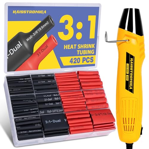 haisstronica 420PCS Heat Shrink Tubing Kit, 3:1 Adhesive Lined Heat Shrink Tube with 350W Mini Heat Gun, Waterproof Insulated Shrink Wrap for Automotive Marine Wiring Repair - size: 420 PCS