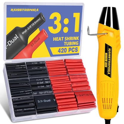 haisstronica 420PCS Heat Shrink Tubing Kit, 3:1 Adhesive Lined Heat Shrink Tube with 350W Mini Heat Gun, Waterproof Insulated Shrink Wrap for Automotive Marine Wiring Repair - size: 420 PCS